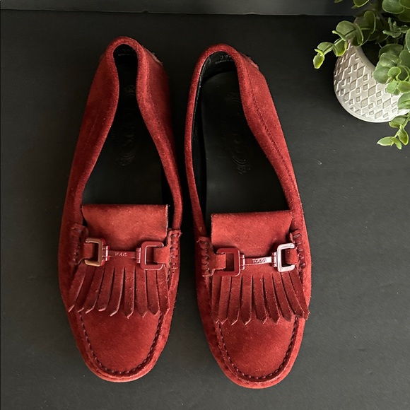 Tod's Shoes - Tod’s Red Suede Loafers with Fringe Detail
